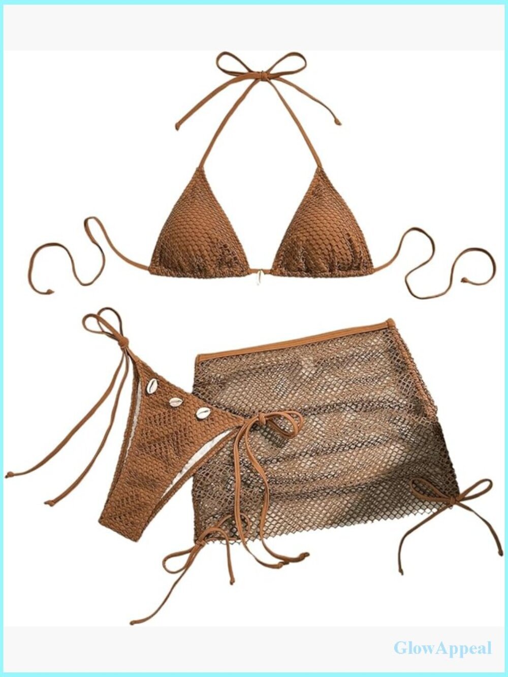 3 Piece Fishnet Halter Triangle String Bikini Set with Cover Up Skirt